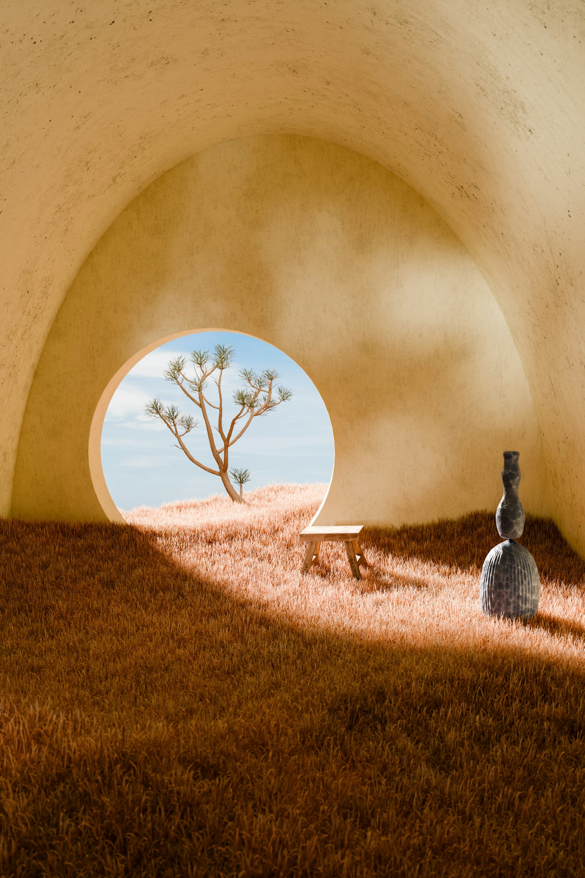 Surreal architecture framed through a circular opening